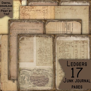 May include: A set of 17 vintage-style ledger pages for junk journaling. The pages feature handwritten text, faded ink, and aged paper. The pages are perfect for adding a touch of history and character to your journal.