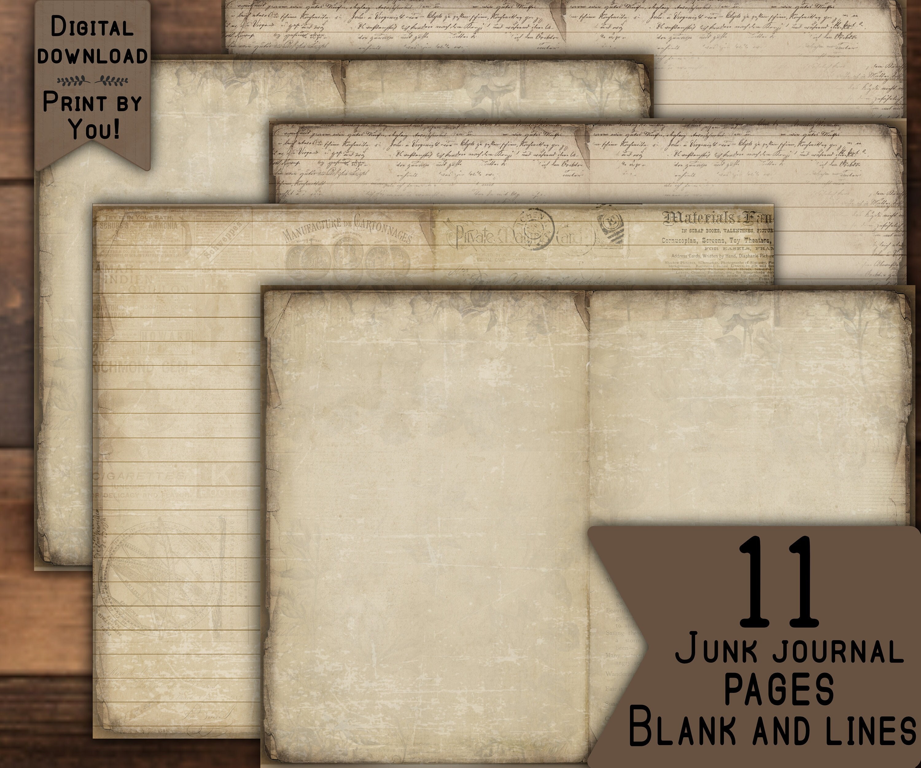 LINED AND BLANK Junk Journal Pages Digital Download Scrapbook Paper Kit ...