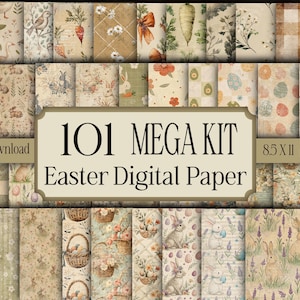 May include: A collection of Easter-themed digital papers with various patterns, including bunnies, eggs, carrots, and floral designs. The image features the text "101 MEGA KIT Easter Digital Paper" and "8.5 X 11 png files". The papers have a vintage, pastel color palette.