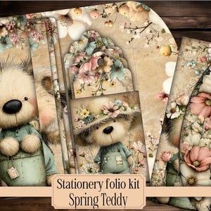 May include: A stationery folio kit featuring a teddy bear design with floral accents. The kit includes various stationery items with a vintage aesthetic, including envelopes and notepaper. The text "Stationery folio kit Spring Teddy" is visible.