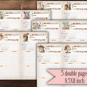 May include: Five printable recipe cards with watercolor illustrations of kitchen tools and food. Each card has sections for recipe name, serving size, cook time, prep time, difficulty, rating, ingredients, directions, and notes. The cards are 8.5 inches by 11 inches.