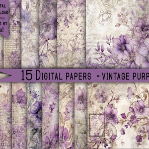 Könnte beinhalten: Ein Set mit 15 digitalen Papieren mit einem Vintage-Blumenmuster in Lila. Die Papiere haben einen verwitterten Hintergrund mit handschriftlichem Text und lila Blumen.