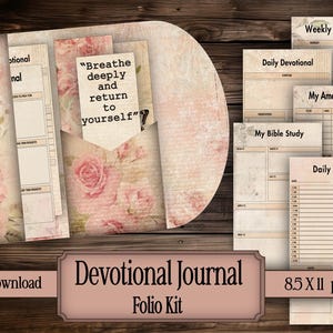 May include: A digital download devotional journal folio kit with floral and vintage design elements. The kit includes various planner pages, such as a daily planner, weekly planner, and Bible study pages. The image includes the text "Breathe deeply and return to yourself."