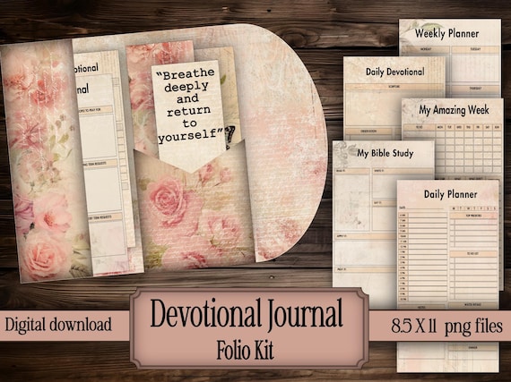 Devotional Journal Folio Kit digital Printable Faith Reflection stationery digital junk journal pocket Vintage Bible Study Planner prayer