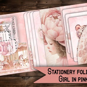 vintage folio card holder digital printable vintage junkjournal stationery paper digital junk journal flower pink Folio pocket scrapbook