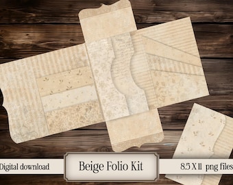 Zestaw Beige Folio, cyfrowy papier do druku, neutralny dziennik śmieci, efemeryda, fantazyjny album ze zdjęciami, wesoły tag pocztowy, koperta, tło boho
