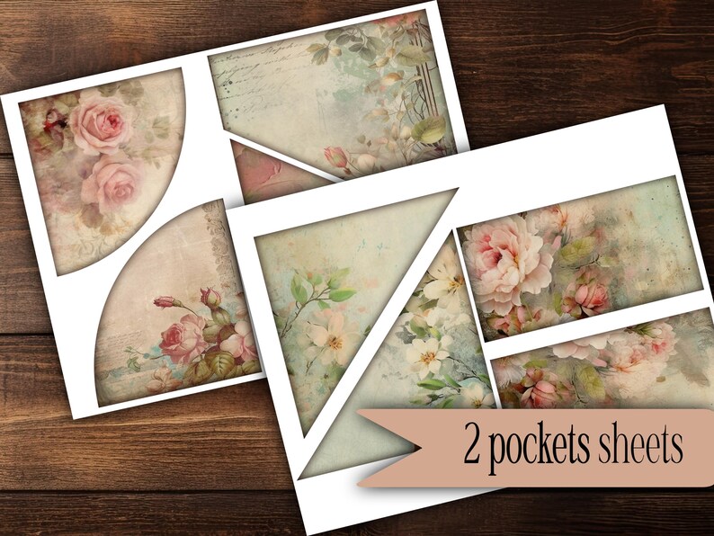 May include: Two pocket sheets with vintage floral designs. The sheets feature soft pink roses and other flowers with a watercolor effect. The text "2 pockets sheets" is visible on a tan banner. The background has a distressed, aged appearance.