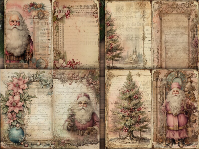 Pink Christmas Junk Journal Pages Digital Scrapbook Paper Kit Collage ...