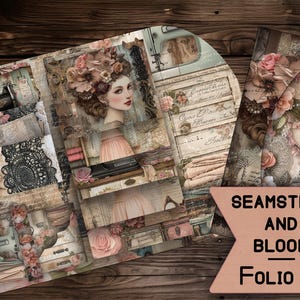 May include: A collage of vintage-inspired papers featuring floral designs, sewing machines, and lace. The papers are arranged in a scrapbook style and have a distressed, aged look. The text "Seamstress and Bloom Folio Kit" is printed on a pink background.
