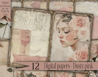 pink Junk Journal Pages Digital download Scrapbook Paper Kit Collage Sheet Vintage Ephemera flowers shabby chic Printable floral Journaling