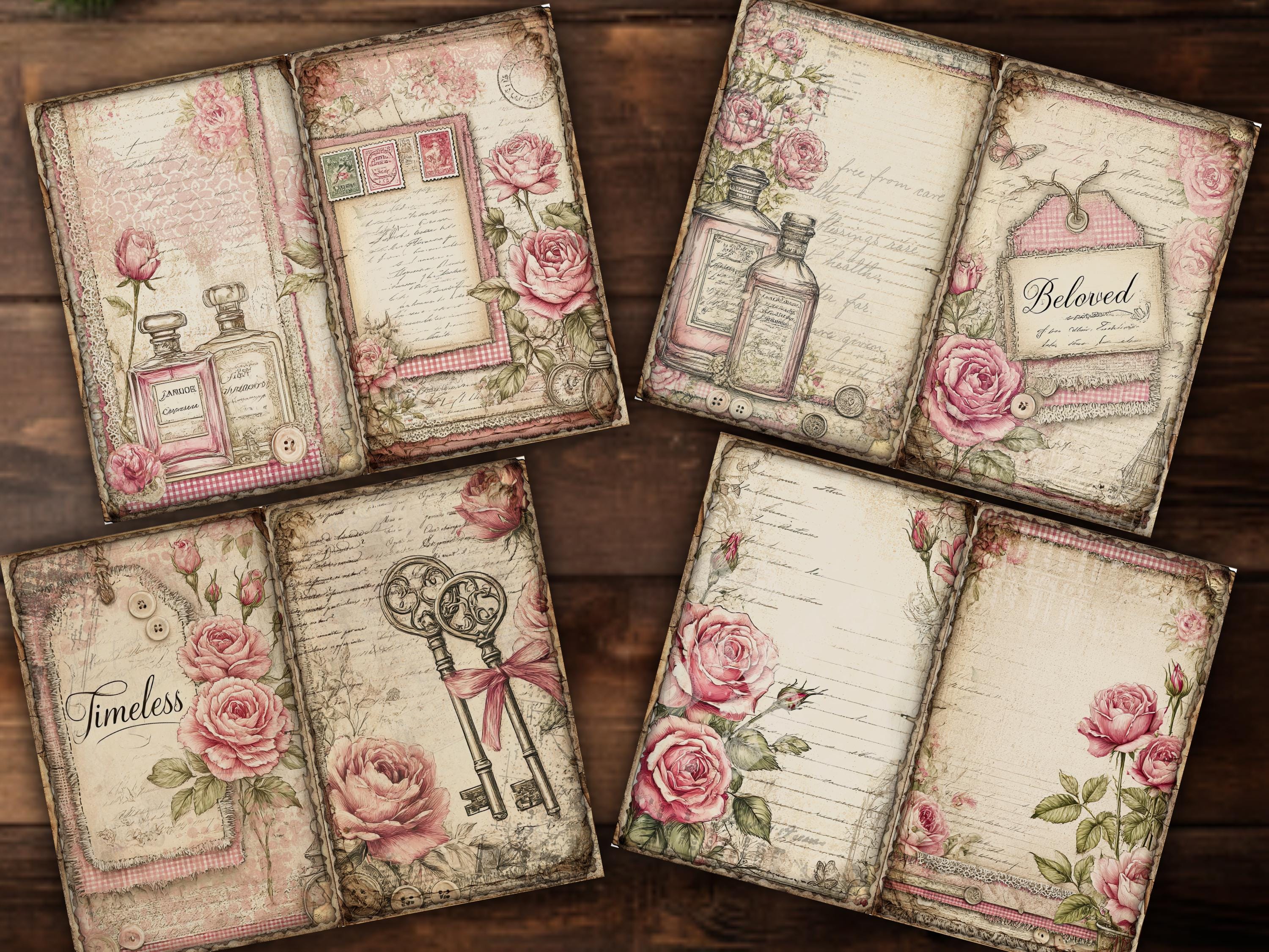 Pink Rose Junk Journal Pages Printable Set Vintage Floral Paper Pack ...