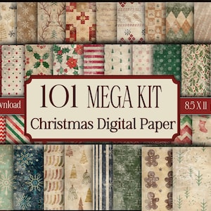May include: A collection of Christmas-themed digital papers with various patterns, including snowflakes, holly, and stripes. The image features a variety of designs in red, green, and beige tones. The text reads "101 MEGA KIT Christmas Digital Paper" and "8.5 X 11 png files."