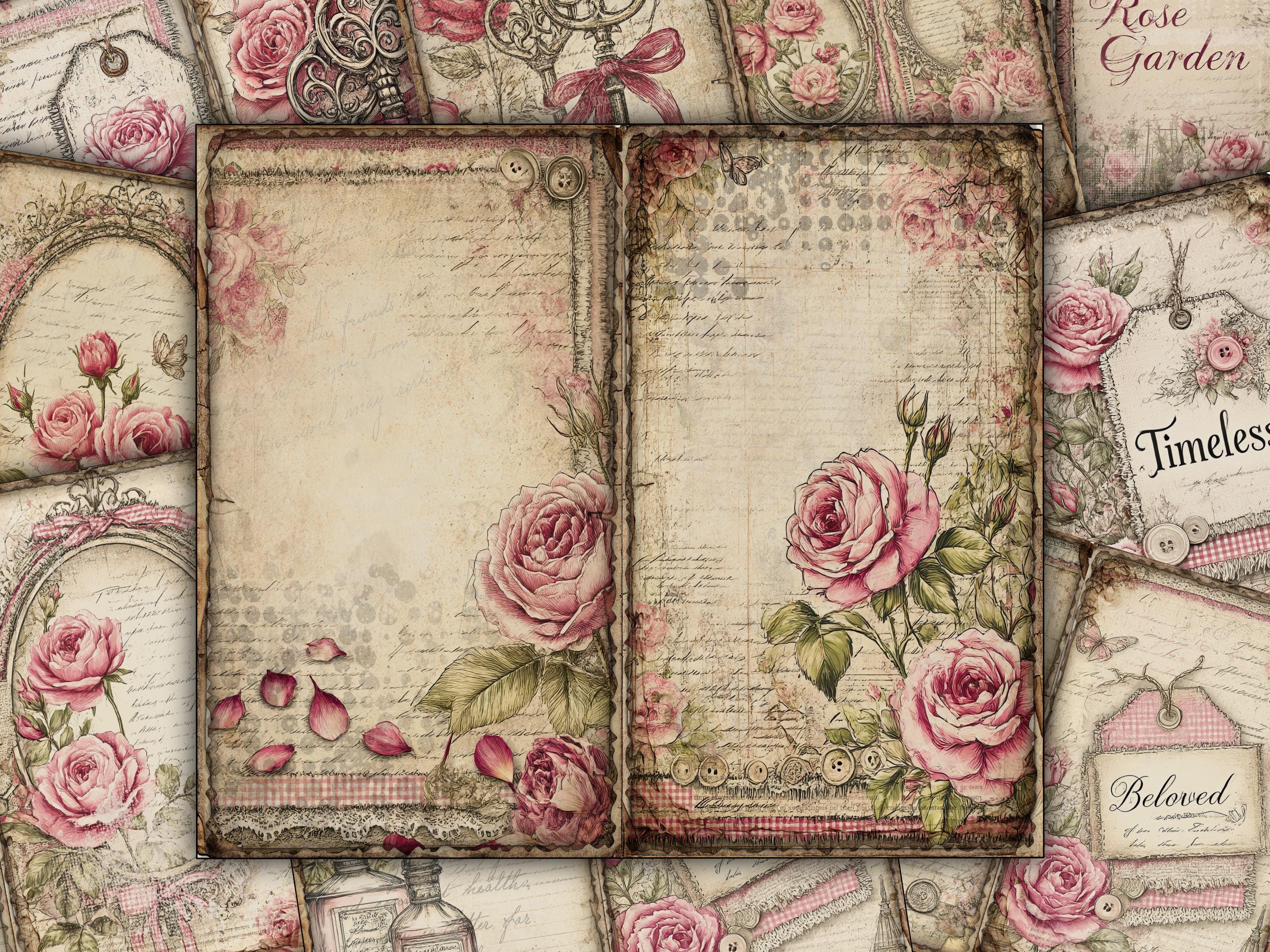 Pink Rose Junk Journal Pages Printable Set Vintage Floral Paper Pack ...