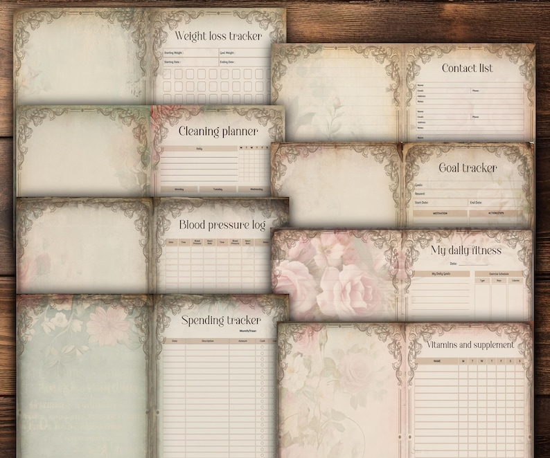 May include: A collection of printable planner pages with a vintage floral design. Pages include a weight loss tracker, cleaning planner, blood pressure log, spending tracker, contact list, goal tracker, daily fitness, and vitamin supplement tracker.