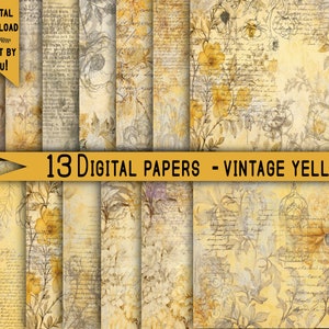 yellow Digital paper pack Shabby chik junk journal Scrapbook Kit Collage Sheet Vintage Ephemera background Printable Prints craft diy Floral
