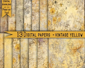 May include: Thirteen digital papers in a vintage yellow color scheme. The papers feature a floral pattern with handwritten text and a faded, aged look.