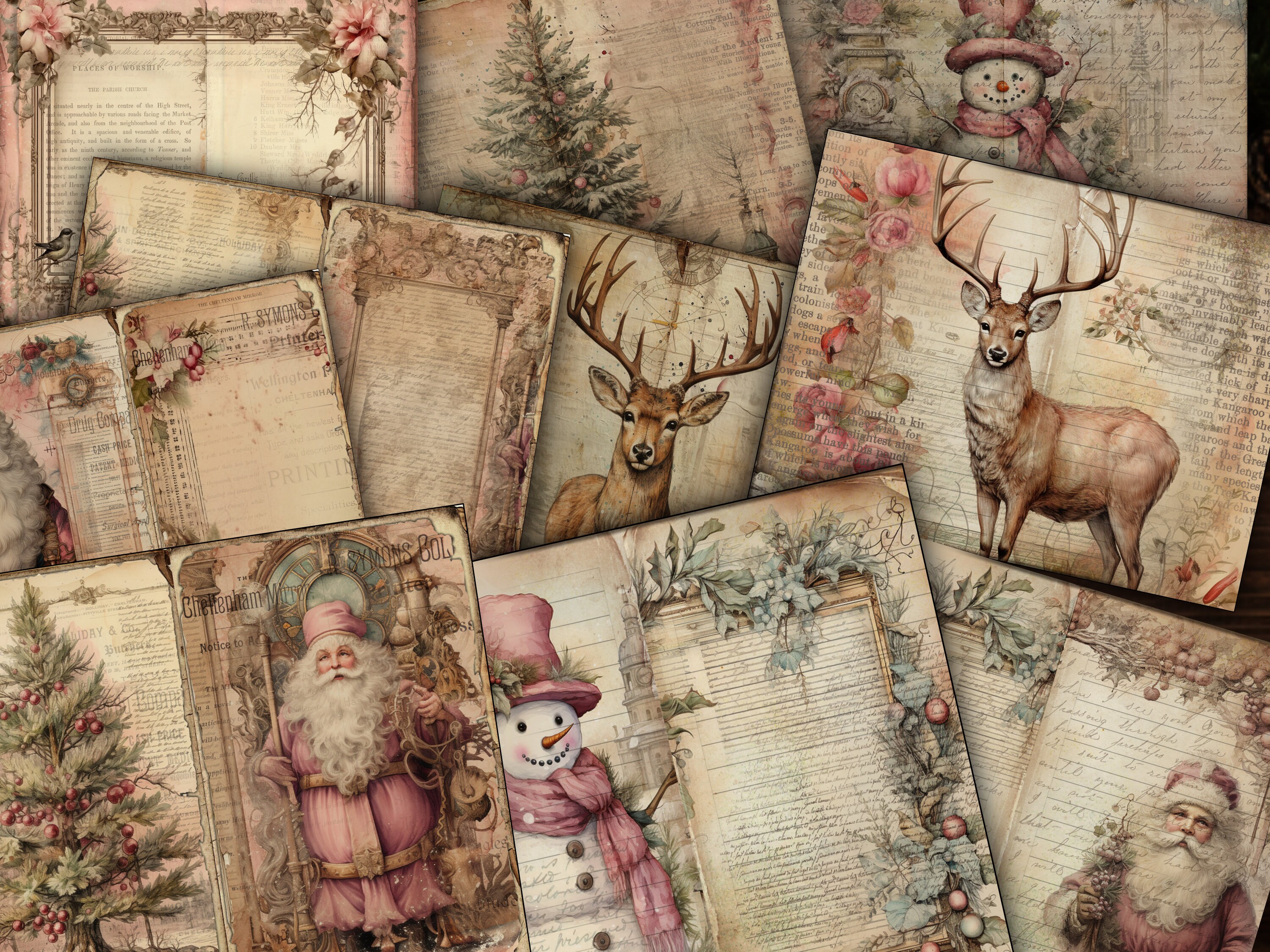 Pink Christmas Junk Journal Pages Digital Scrapbook Paper Kit Collage ...