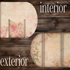 May include: Decorative paper cutouts with floral and rose designs. The top cutout has the word "interior" in white, and the bottom cutout has the word "exterior" in white. The background is a dark wood texture.