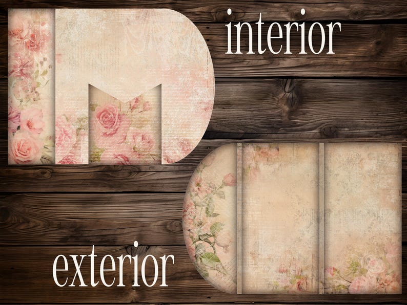May include: Decorative paper cutouts with floral and rose designs. The top cutout has the word "interior" in white, and the bottom cutout has the word "exterior" in white. The background is a dark wood texture.