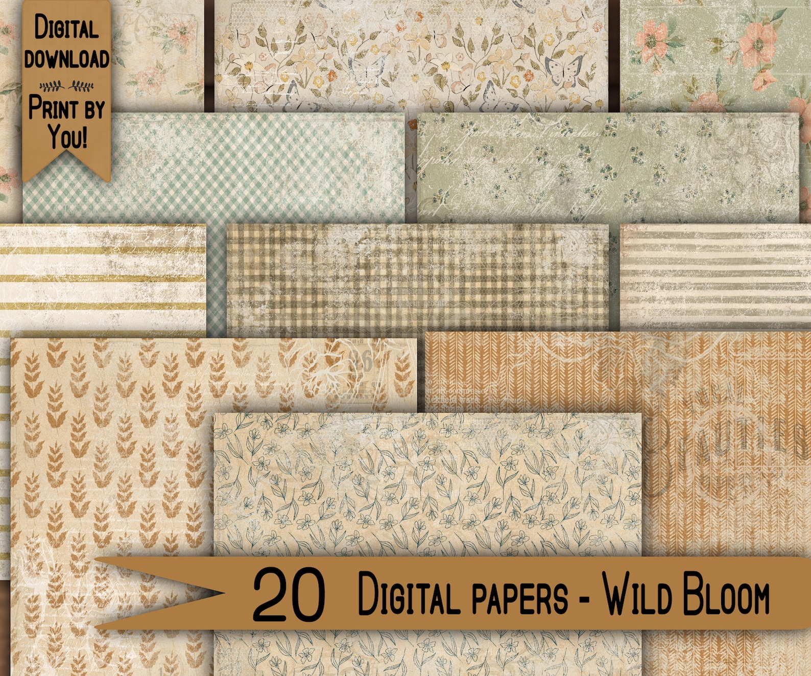 Boho Digital Paper Pack Shabby Chik Junk Journal Scrapbook Kit Collage ...