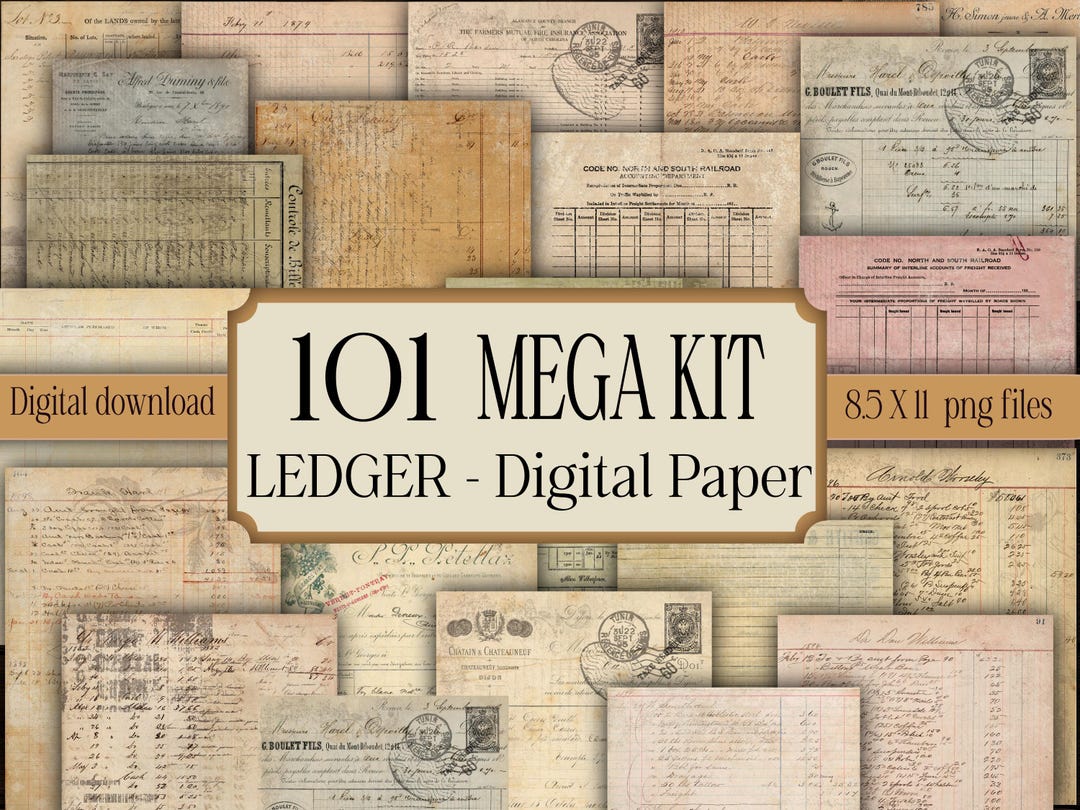 Vintage Ledger Digital Paper Pack Printable Antique Documents for Junk ...
