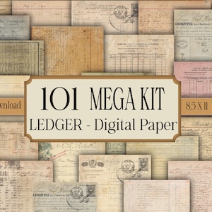 Puede incluir: Una colección de hojas de papel de registro vintage en varios tamaños y colores, incluyendo beige, rosa y crema. La imagen presenta el texto "101 MEGA KIT LEDGER - Digital Paper" y "8.5 X 11 png files".