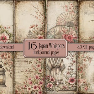 Puede incluir: Descarga digital de 16 páginas de diario basura Japan Whispers. Las páginas presentan ilustraciones de acuarela de flores de cerezo, pagodas, linternas y abanicos. La paleta de colores incluye rosas suaves, cremas y marrones. Las páginas miden 21,59 x 27,94 cm.
