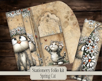 Spring Cat printable Stationery Folio Kit Vintage Junk Journal floral Writing Cards Envelopes Tags Backgrounds Digital Download Shabby Chic