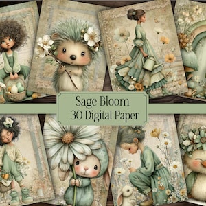 Può includere: Una collezione di 30 design di carta digitale con una tavolozza di colori verde salvia e beige. Le illustrazioni presentano personaggi stravaganti, fiori ed elementi ispirati alla natura. Il testo "Sage Bloom" e "30 Digital Paper" è visualizzato su uno striscione verde.