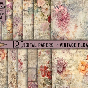 Shabby Chic Printable Paper pack junk journal Scrapbook Kit Collage Sheet Vintage Ephemera background Printable Prints Floral Watercolor