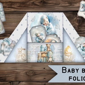 baby folio kaarthouder digitaal afdrukbaar folio vintage jongen douche aankondiging schattig blauw papier cadeau rommel dagboek kit kaarten tags plakboek