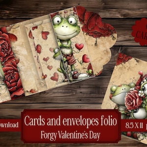 May include: A digital download of a Valentine's Day cards and envelopes folio. The cards feature whimsical frog illustrations with red hearts and roses. The set includes six cards and is printed on aged paper.