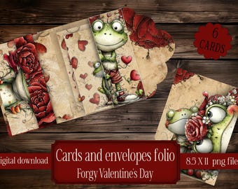 Valentine's Day vintage folio card holder digital printable frog paper digital gift junk journal Folio pocket scrapbook digital download