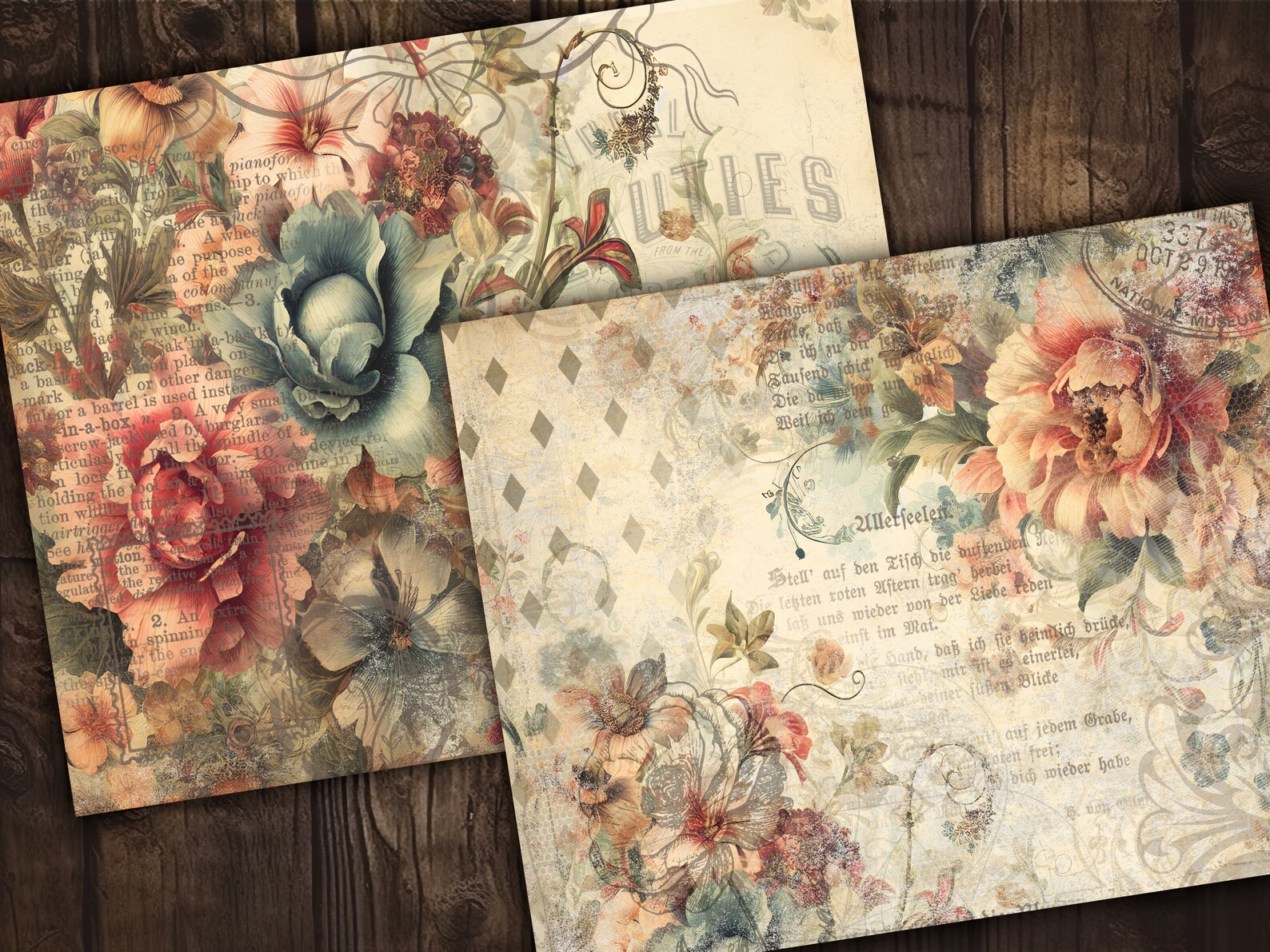 Vintage Digital Paper Pack Shabby Chic Scrapbook Collage Sheets Floral ...