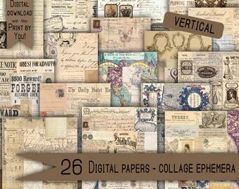 May include: A collage of 26 digital papers with vintage ephemera. The papers feature antique maps, handwritten letters, newspaper clippings, and illustrations in sepia tones. The image includes text that reads "DIGITAL DOWNLOAD PRINT BY YOU!" and "26 DIGITAL PAPERS - COLLAGE EPHEMERA."