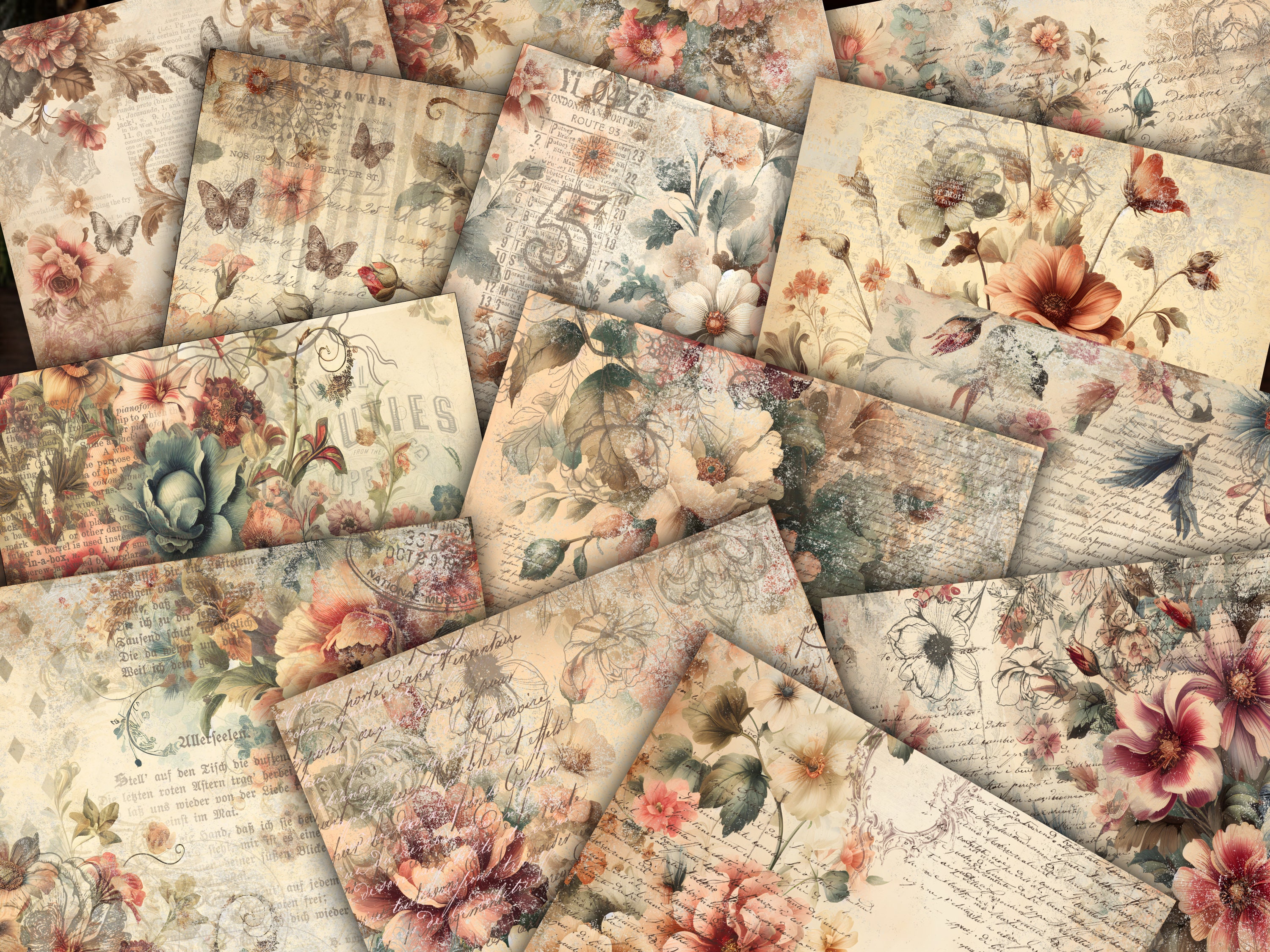 Vintage Digital Paper Pack Shabby Chic Scrapbook Collage Sheets Floral ...