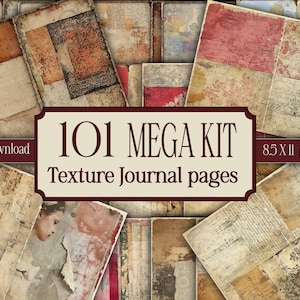 Op de afbeelding: Een verzameling vintage-stijl journaalpagina's met versleten texturen en patronen. De afbeelding toont verschillende soorten verouderd papier, waaronder papier met handgeschreven tekst, bloemmotieven en vervaagde kleuren. De tekst luidt "101 MEGA KIT Texture Journal pages" en "8.5 X 11 png files".