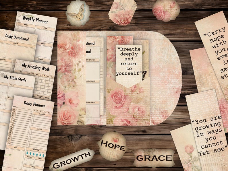 May include: A collection of stationery items with a vintage aesthetic, including planners, journals, and decorative elements. The items feature floral patterns, inspirational quotes, and the words "Growth", "Hope", and "Grace". The color palette is soft, with beige and pink tones.