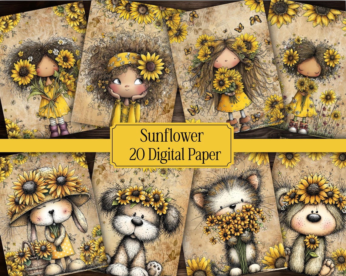 Sunflower Digital Paper Pack Vintage Sunflower Scrapbook Paper Floral ...