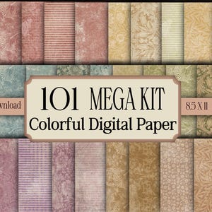 May include: A collection of 101 colorful digital paper designs in various patterns and colors, including floral, striped, and textured backgrounds. The text "101 MEGA KIT Colorful Digital Paper" is displayed prominently.
