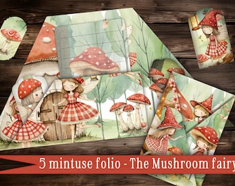 May include: A set of five miniature paper envelopes featuring a mushroom fairy theme. Each envelope has a different illustration of a fairy with red and white checkered dresses and mushroom caps, surrounded by mushrooms and greenery. The text "5 mintuse folio - The Mushroom fairy" is printed on the bottom of the image.