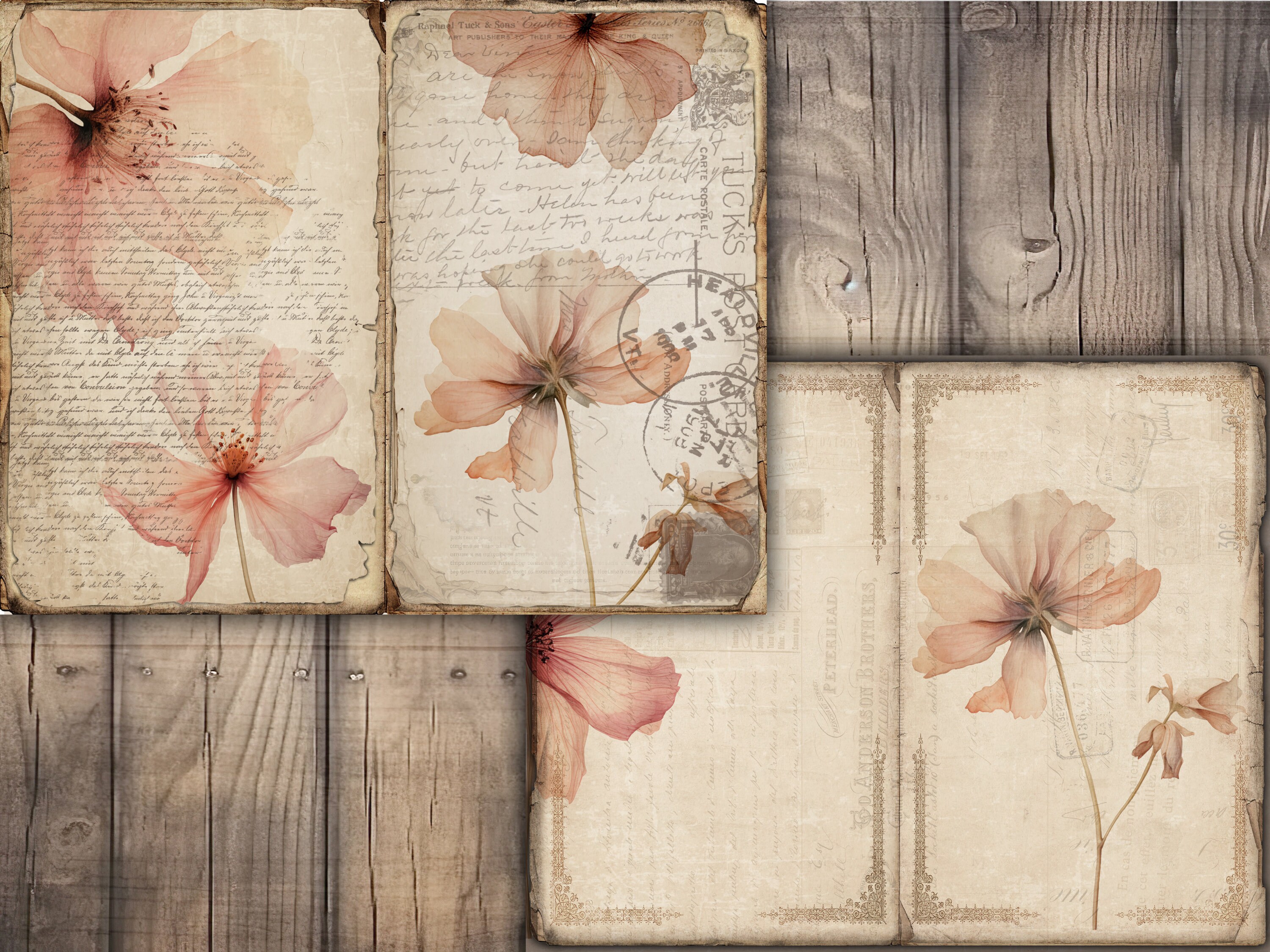 PINK Junk Journal Pages Digital Download Scrapbook Paper Kit Collage ...