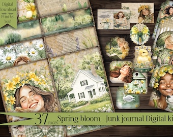 May include: A digital junk journal kit with 37 pages featuring spring-themed illustrations. The kit includes images of flowers, a house, a birdhouse, a swan, a chick, and girls with floral crowns. The text "Spring bloom - Junk journal Digital kit" is at the bottom of the image.