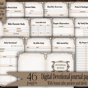 Peut inclure: Un journal de dévotion numérique de 46 pages, comprenant des modèles pour l'étude biblique, les notes de sermons et les listes de prières. Les pages ont un design vintage avec des bordures décoratives et du texte tel que "My Bible Study".