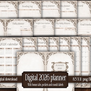 Zestaw do cyfrowego planera na rok 2026, dzienniki do druku, cyfrowy papier, vintage junkjournal, album ze zdjęciami, efemeryda, szablon kalendarza