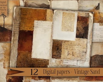 Página de diário de sucata Pacote de papel artesanal vintage Download digital Suprimentos de mídia mista Kit de diário de sucata Colagem de itens efêmeros para scrapbook Impressão DIY areia