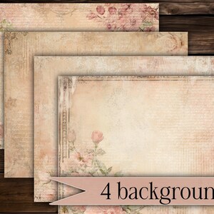 May include: Four vintage-style digital backgrounds with a layered effect. The backgrounds feature a soft, aged aesthetic with floral and script elements in muted pink, beige, and cream tones. The text "4 backgrounds" is displayed on a banner.