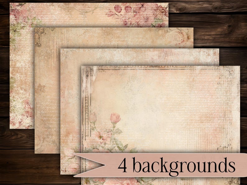May include: Four vintage-style digital backgrounds with a layered effect. The backgrounds feature a soft, aged aesthetic with floral and script elements in muted pink, beige, and cream tones. The text "4 backgrounds" is displayed on a banner.