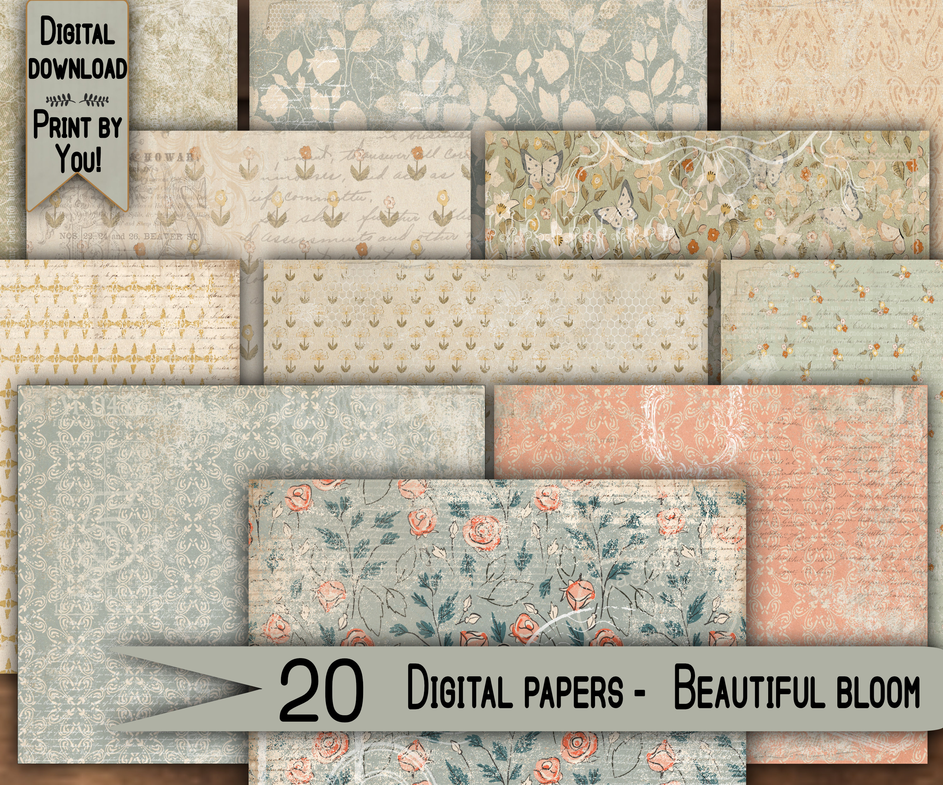 Digital Paper Pack Shabby Chik Junk Journal Scrapbook Kit Collage Sheet ...