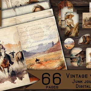 Kit de diario basura, diarios imprimibles completos, papel digital, diario basura vintage, álbum de recortes, efímeras, arte de pared del oeste, hoja de collage, vaquero, vaquera